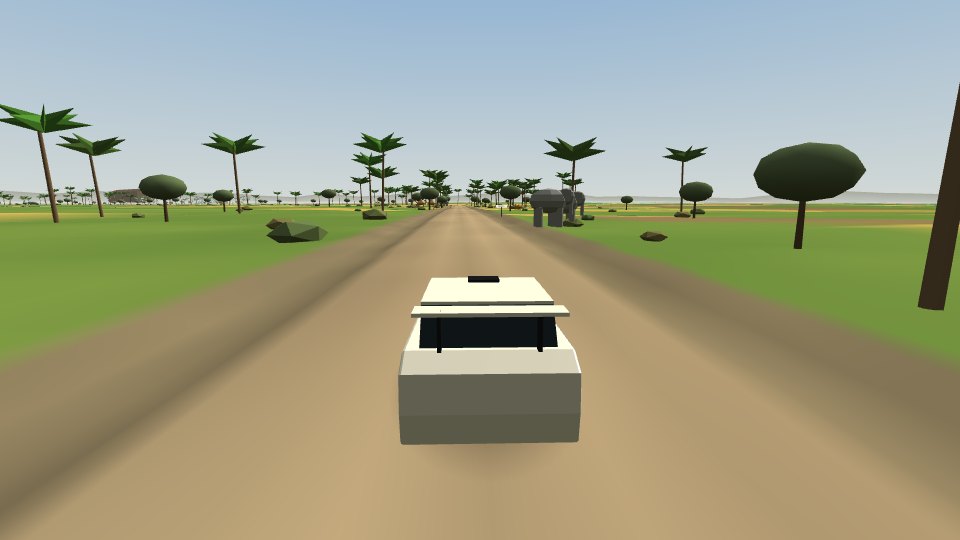 The Way Rally: a rally car on the plain as the animals cross the road two by two, on their way to Noah's ark