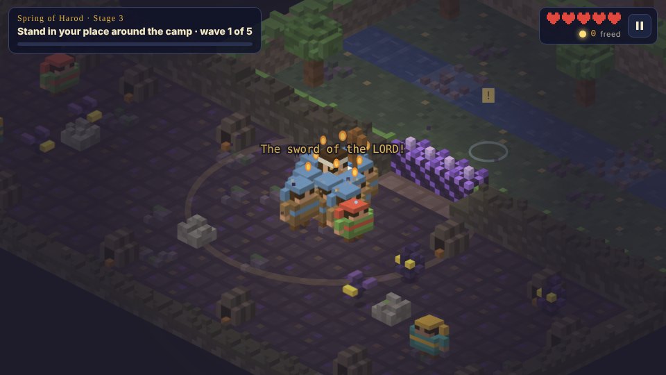 Strongholds gameplay: Gideon's band carries torches into the camp of Midian
