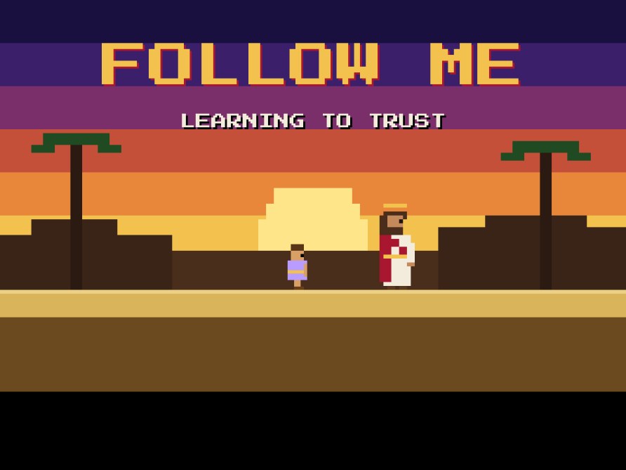 Follow Me title screen: a child walks beside Jesus on a sunset shore